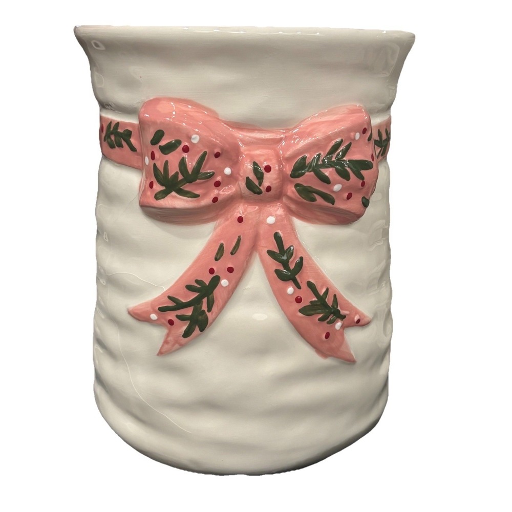 Gorgeous Prima Design Christmas Coquette Pink Bow Floral Vase Utensil Crock